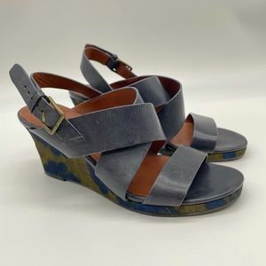 Cole Haan Women 7.5 Sandal Leather Wedge Penelope Blue Buckle Cross Straps